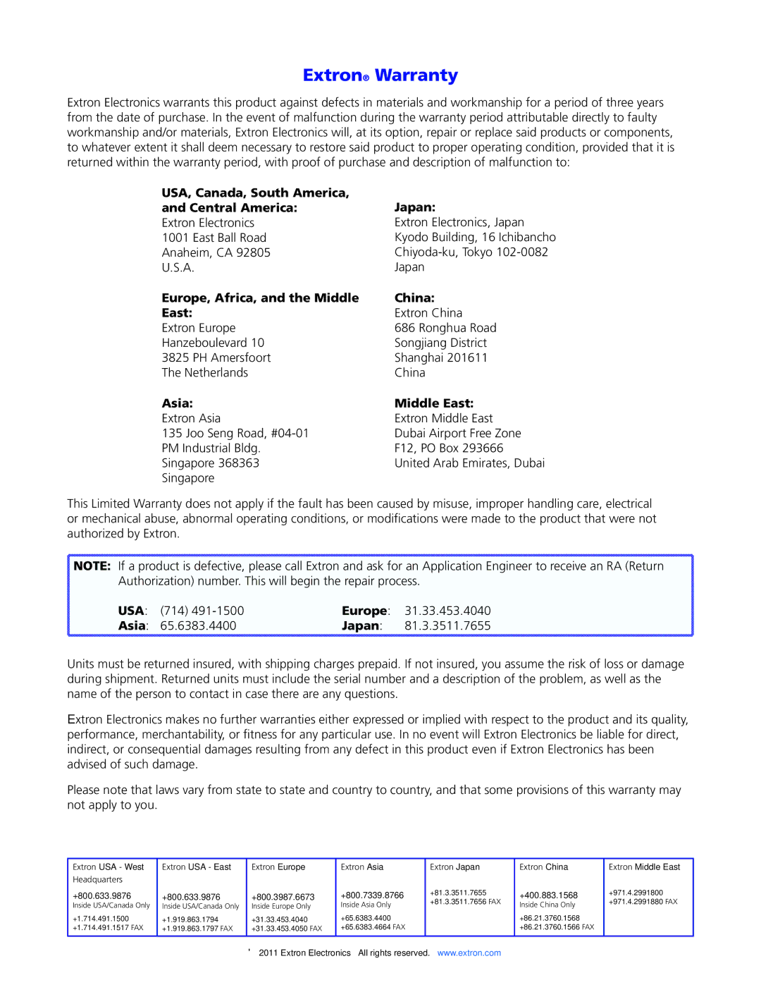 Extron electronic FLS 101, FPM 101 manual Extron Warranty, USA, Canada, South America Japan Central America 