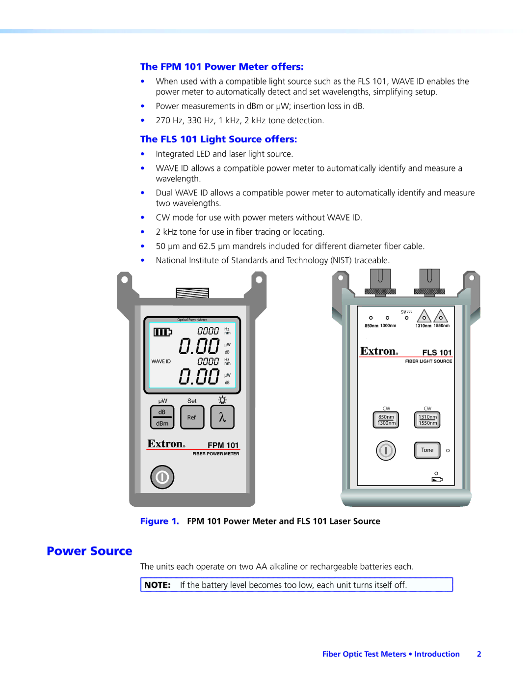 Extron electronic manual Power Source, FPM 101 Power Meter offers, FLS 101 Light Source offers 