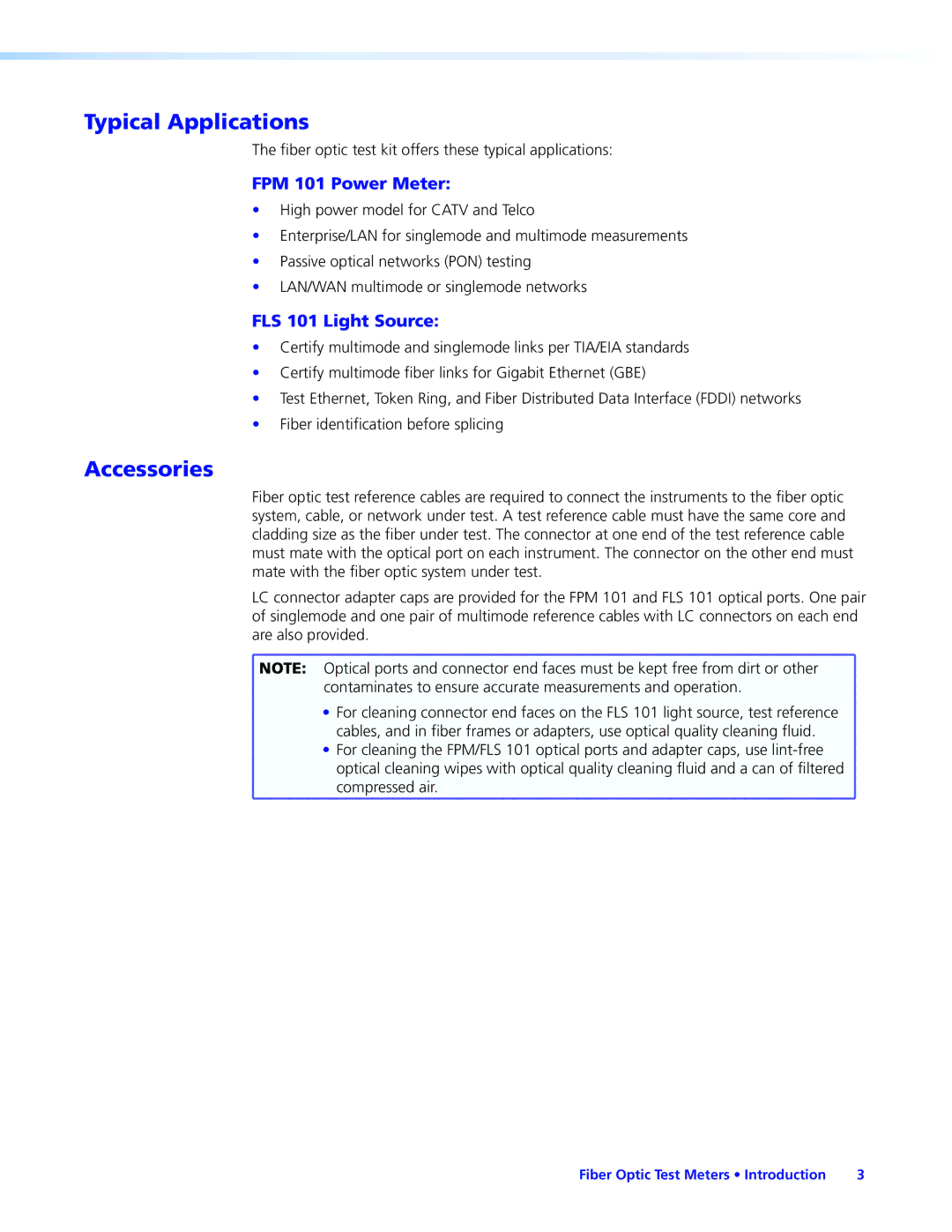 Extron electronic manual Typical Applications, Accessories, FPM 101 Power Meter, FLS 101 Light Source 