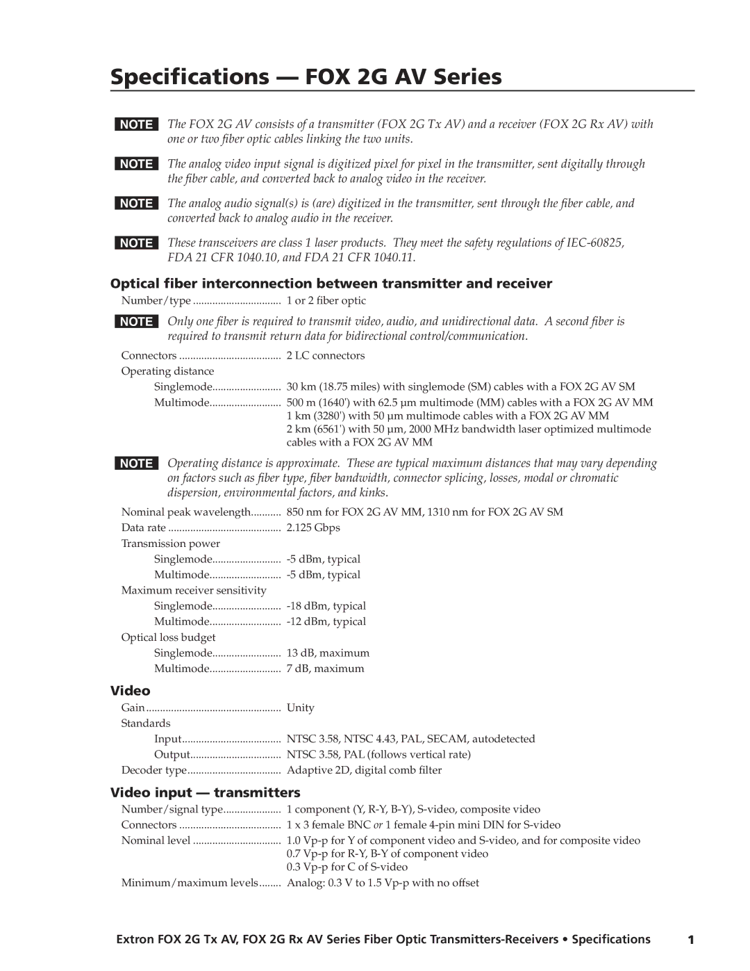 Extron electronic FOX 2G Tx AV, FOX 2G Rx AV specifications Video input transmitters, Standards 