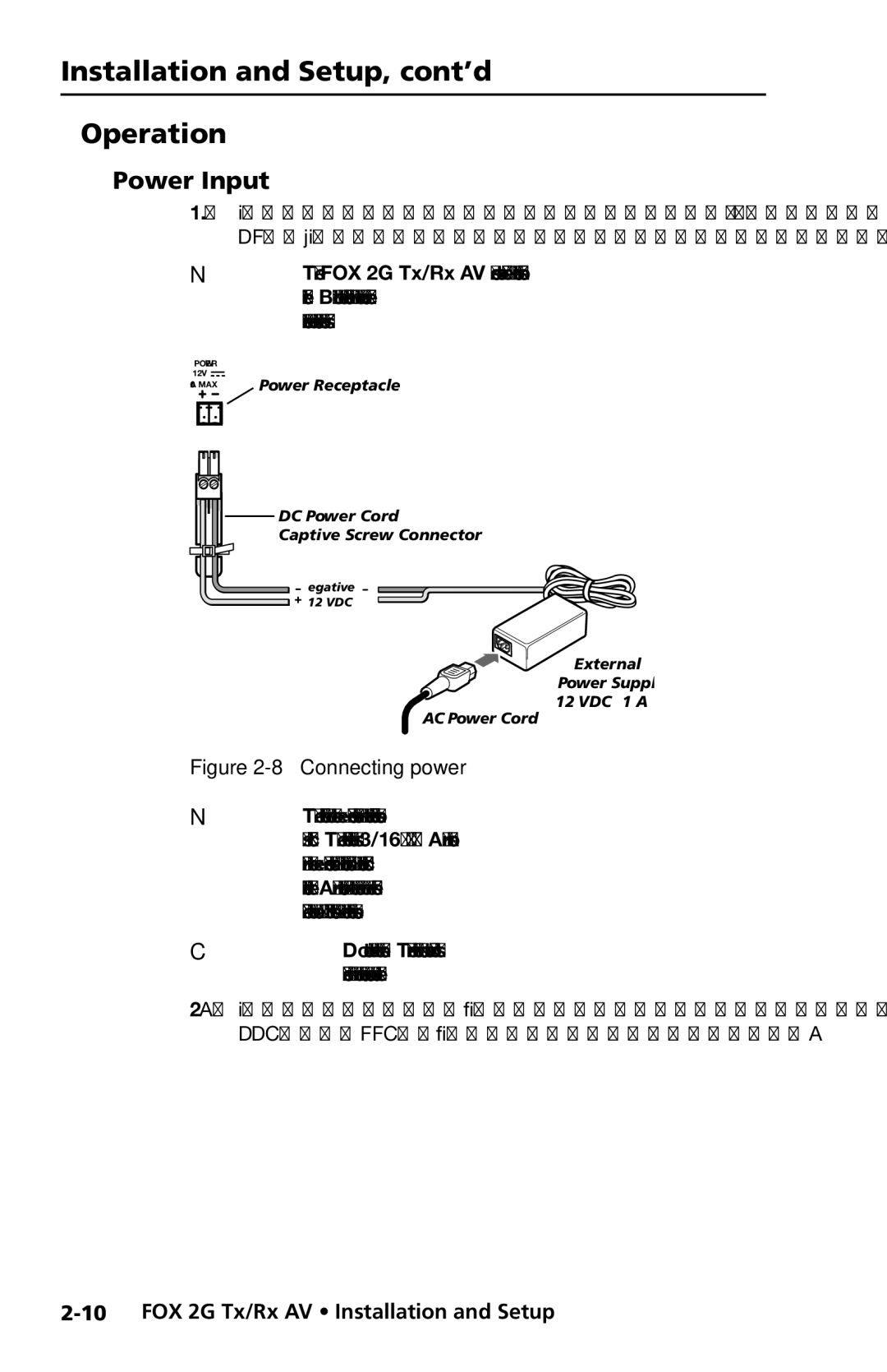 Extron electronic FOX 2G Tx manual Installation and Setup, cont’d Operation, Power Input 