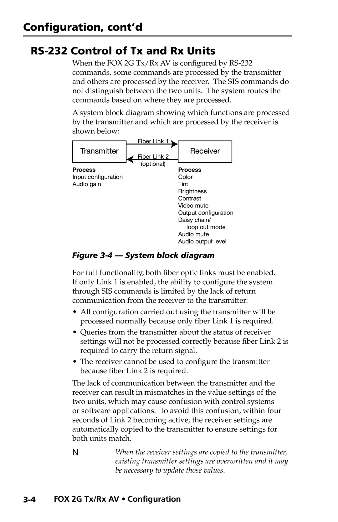 Extron electronic FOX 2G Tx manual Configuration, cont’d RS-232 Control of Tx and Rx Units, Receiver 