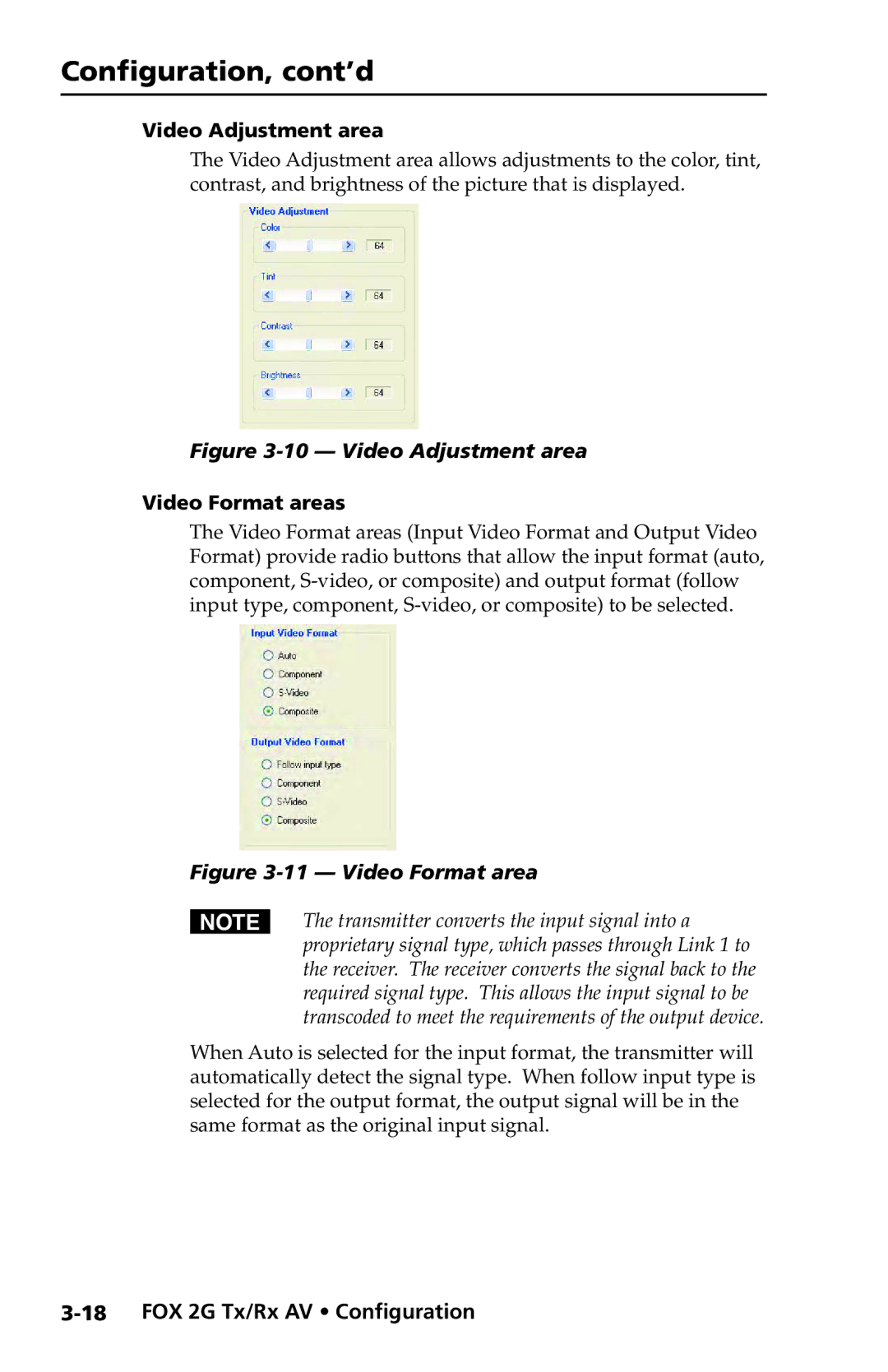 Extron electronic FOX 2G Tx manual Video Adjustment area, Video Format areas 