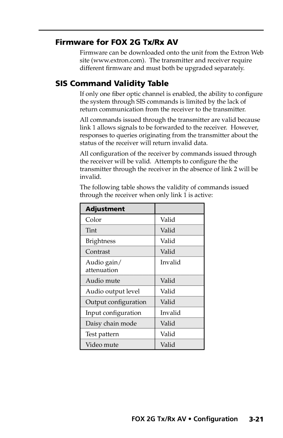 Extron electronic manual Firmware for FOX 2G Tx/Rx AV SIS Command Validity Table, Adjustment 