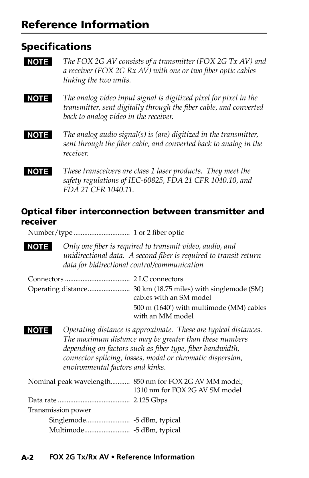 Extron electronic manual Specifications, FOX 2G Tx/Rx AV Reference Information 