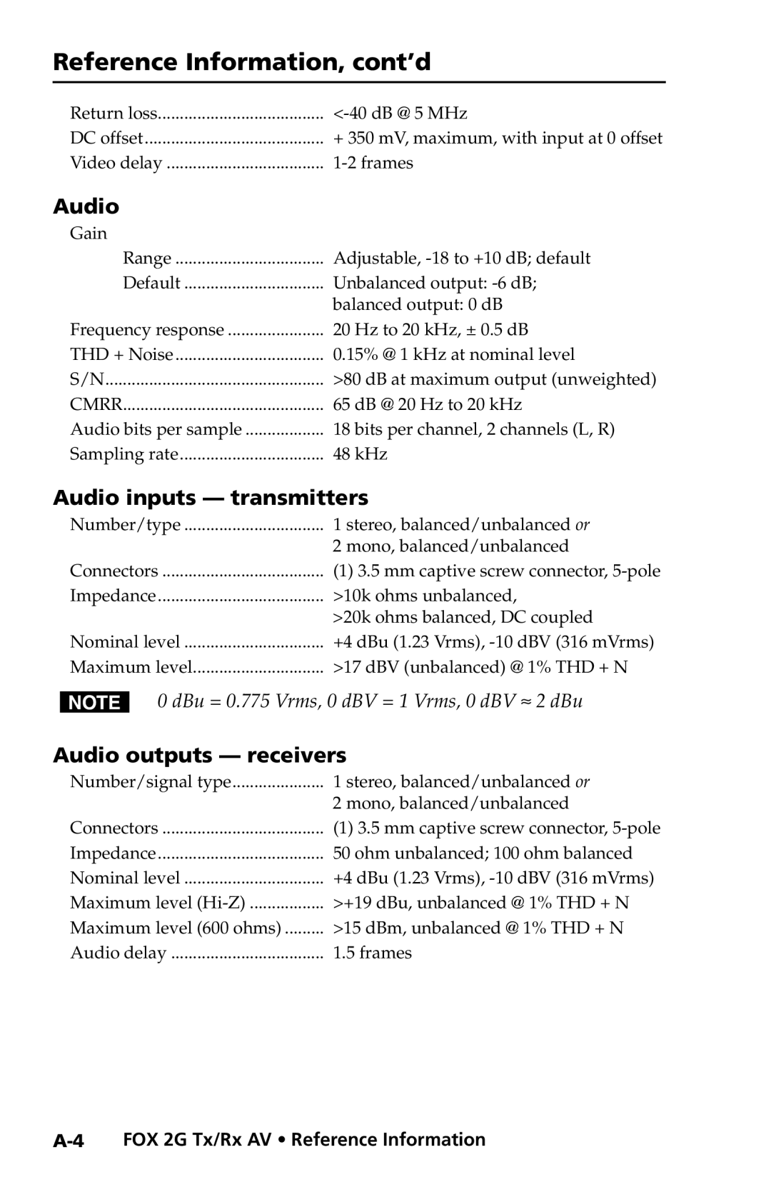 Extron electronic FOX 2G Tx manual Reference Information, cont’d, Audio inputs transmitters, Audio outputs receivers 