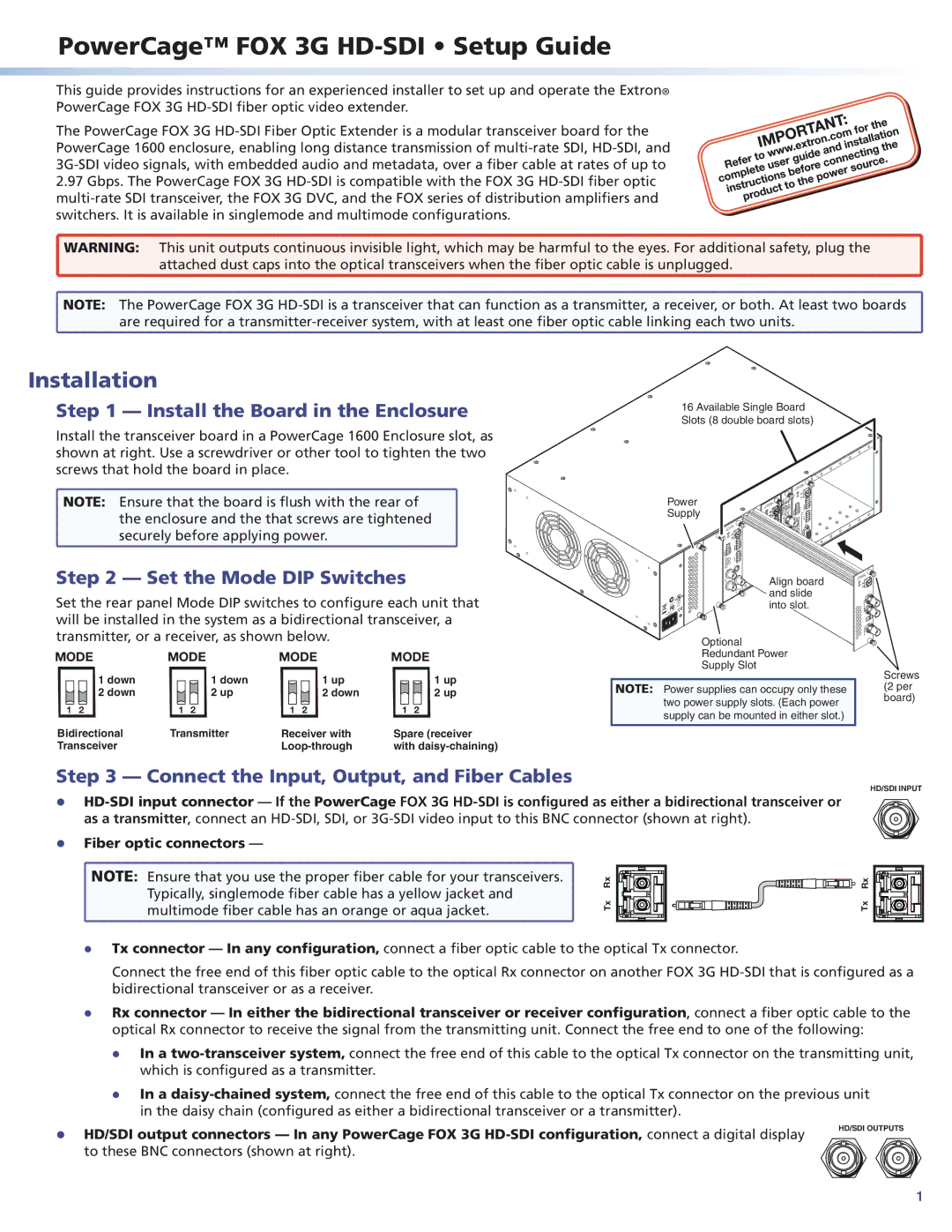 Extron electronic FOX 3G HD-SDI setup guide Installation, Install the Board in the Enclosure, Set the Mode DIP Switches 