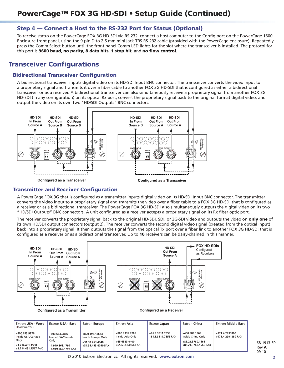 Extron electronic FOX 3G HD-SDI Transceiver Configurations, Connect a Host to the RS-232 Port for Status Optional 