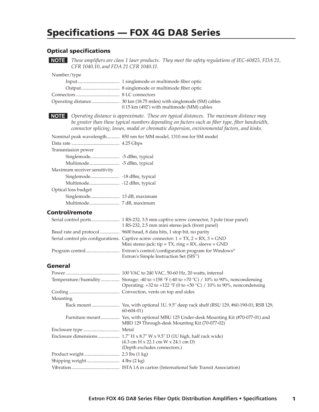 Extron electronic specifications Specifications FOX 4G DA8 Series, Optical specifications, Control/remote, General 