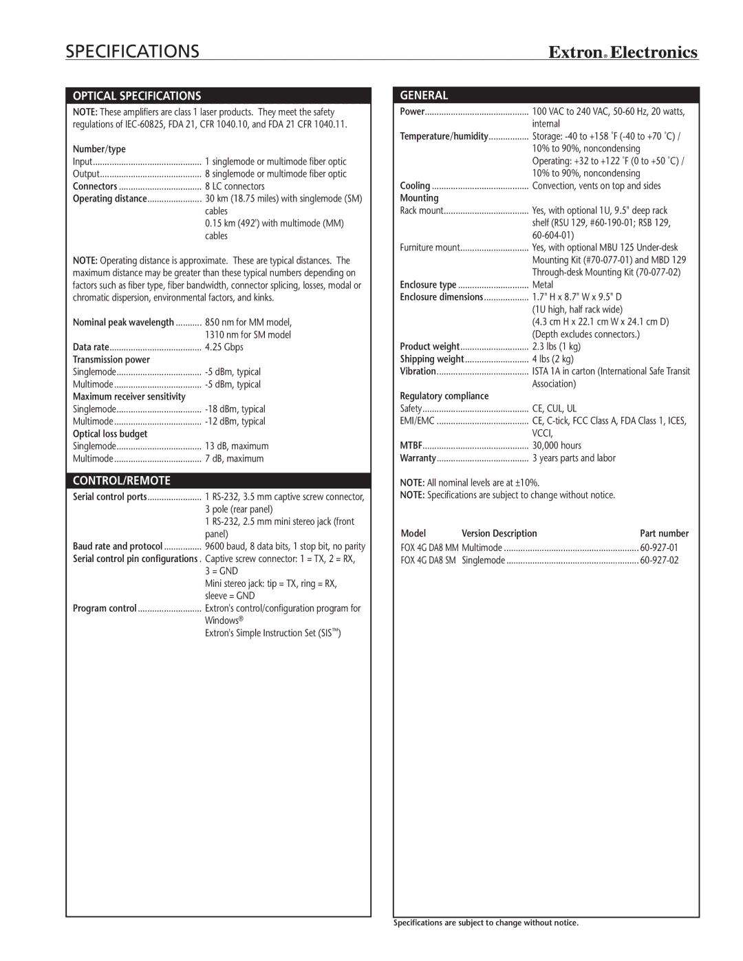 Extron electronic Fox 4G DA8 manual Specifications, Optical specifications 