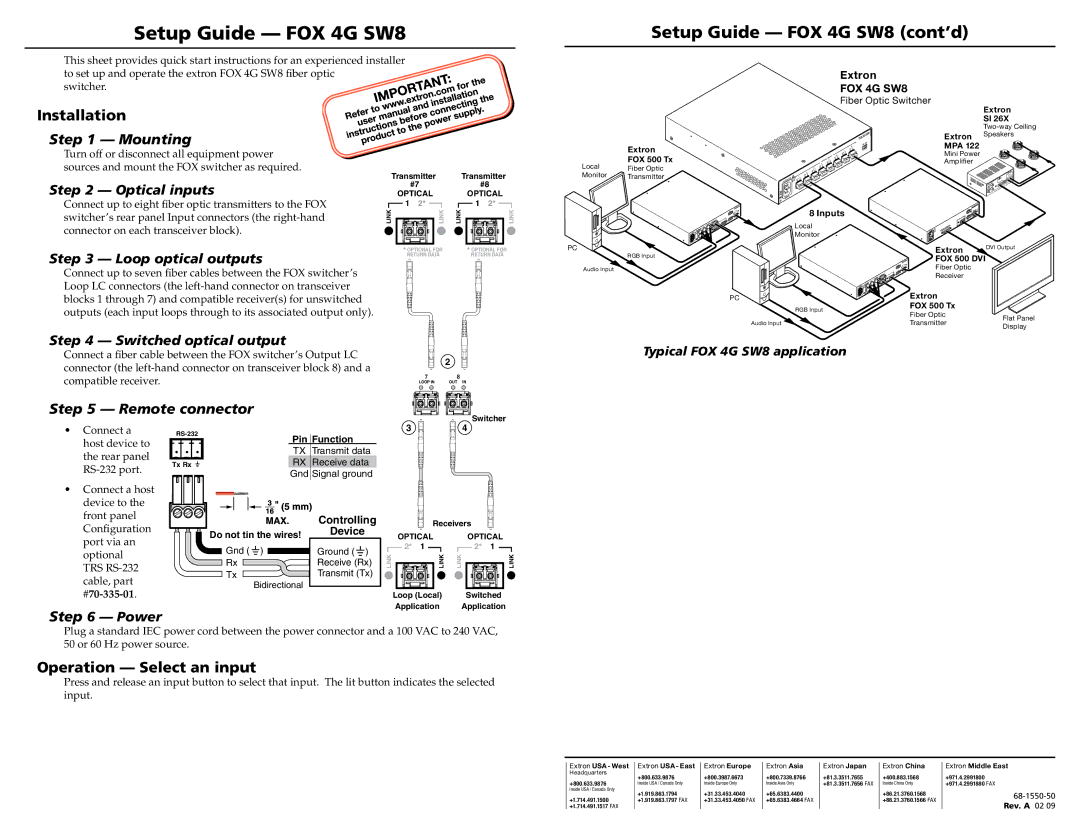 Extron electronic FOX 4G SW8 quick start Installation, Operation Select an input, Mounting, Remote connector 