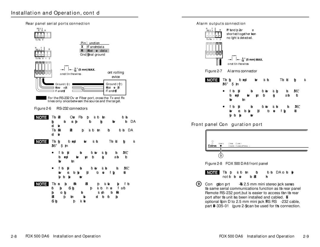Extron electronic FOX 500 DA6 Front panel Configuration port, Rear panel serial ports connection Alarm outputs connection 