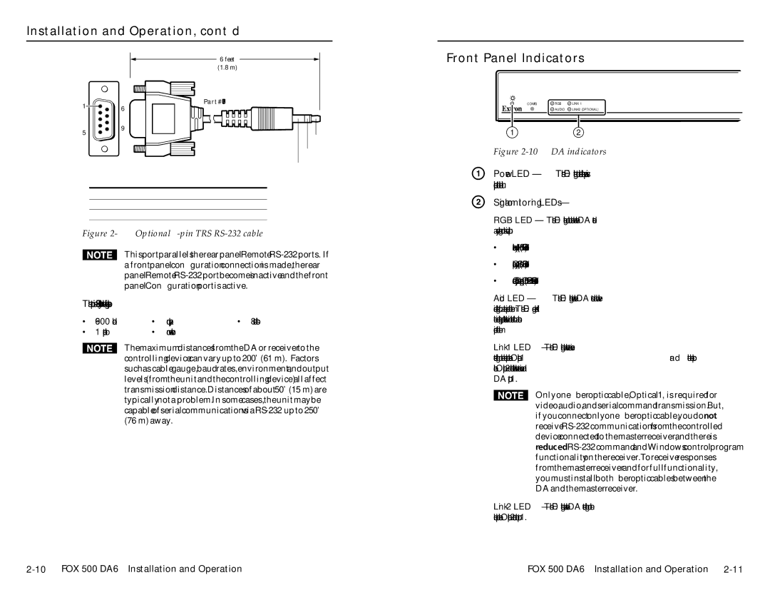 Extron electronic FOX 500 DA6 user manual Front Panel Indicators, This port is RS-232 only, with the following protocols 