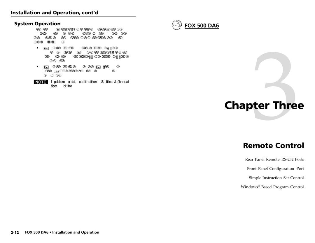 Extron electronic FOX 500 DA6 user manual Three, Installation and Operation, cont’d System Operation 