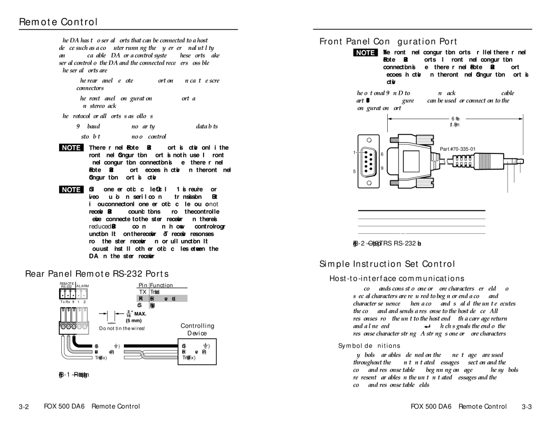 Extron electronic FOX 500 DA6 user manual Remote Control, Front Panel Configuration Port, Rear Panel Remote RS-232 Ports 