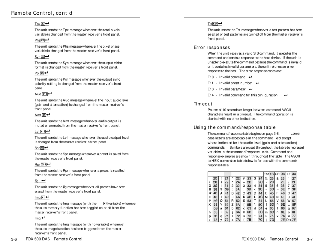 Extron electronic FOX 500 DA6 user manual Error responses, Timeout, Using the command/response table 