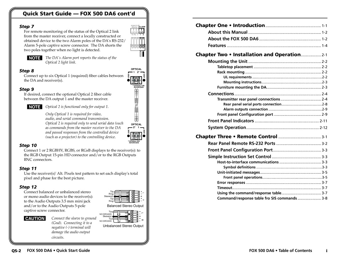 Extron electronic user manual Quick Start Guide FOX 500 DA6 cont’d, Chapter Two Installation and Operation 