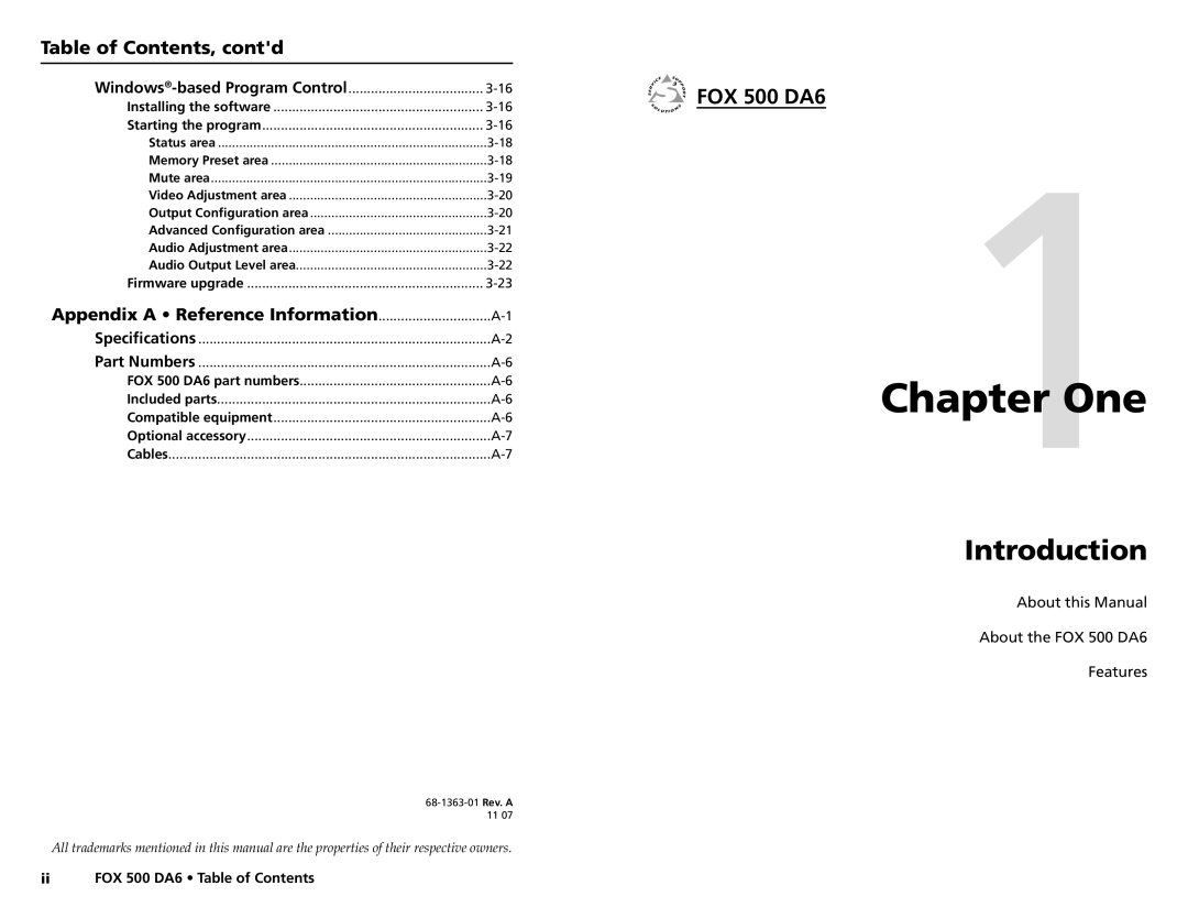 Extron electronic FOX 500 DA6 user manual Table of Contents, contd, Appendix a Reference Information 