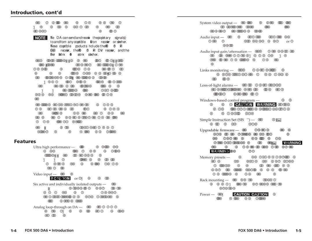 Extron electronic FOX 500 DA6 user manual Introduction, cont’d, Features 