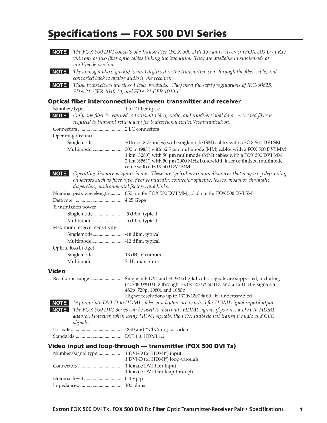 Extron electronic FOX 500 DVI Rx specifications Video input and loop-through transmitter FOX 500 DVI Tx 