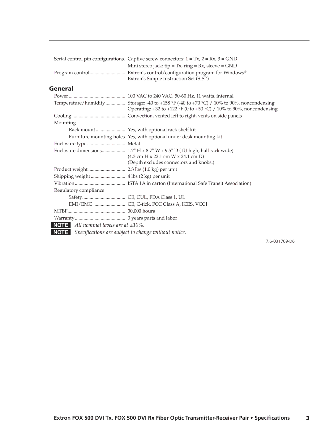 Extron electronic FOX 500 DVI Tx, FOX 500 DVI Rx specifications General 