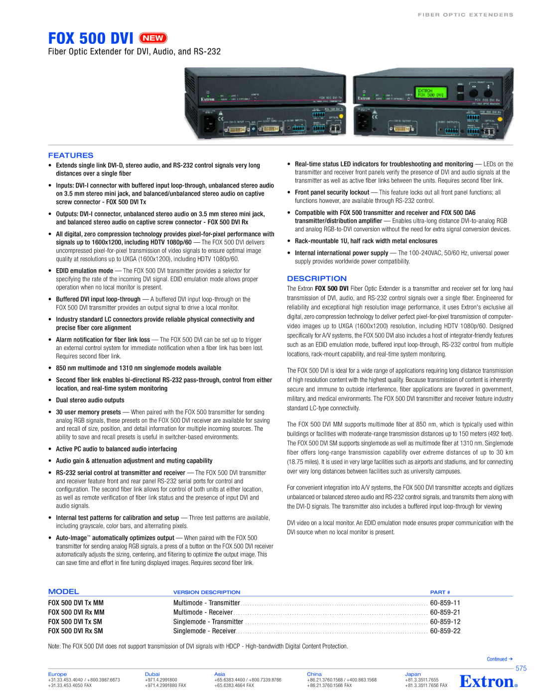 Extron electronic FOX 500 DVI specifications Features, Model, 575 