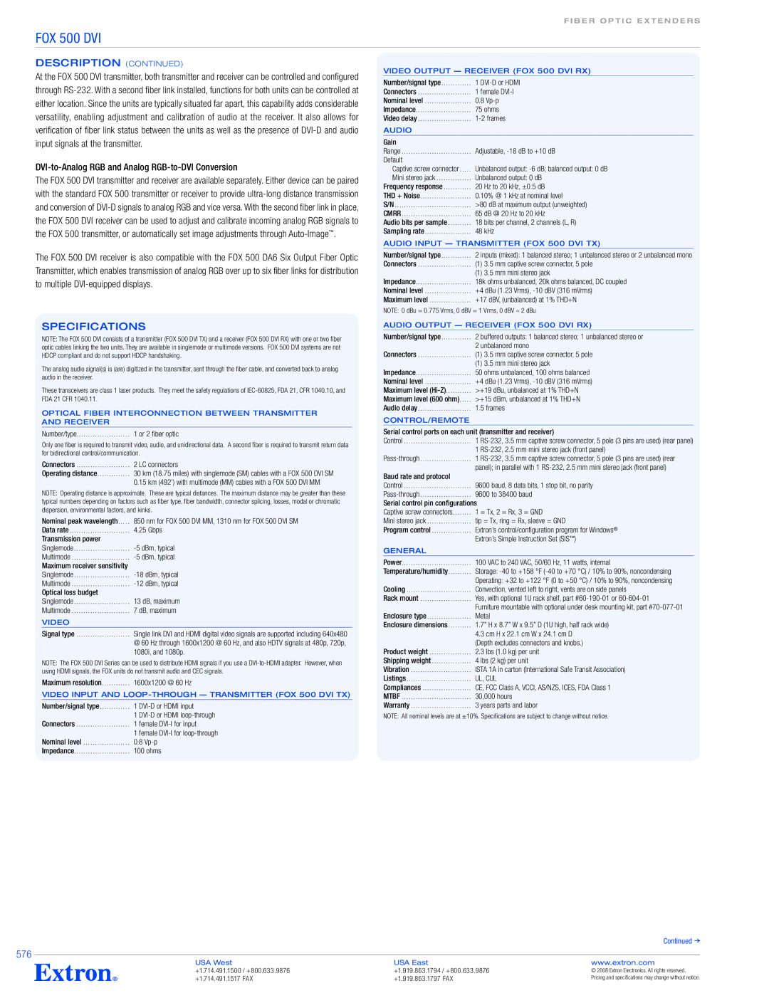 Extron electronic FOX 500 DVI specifications Description 