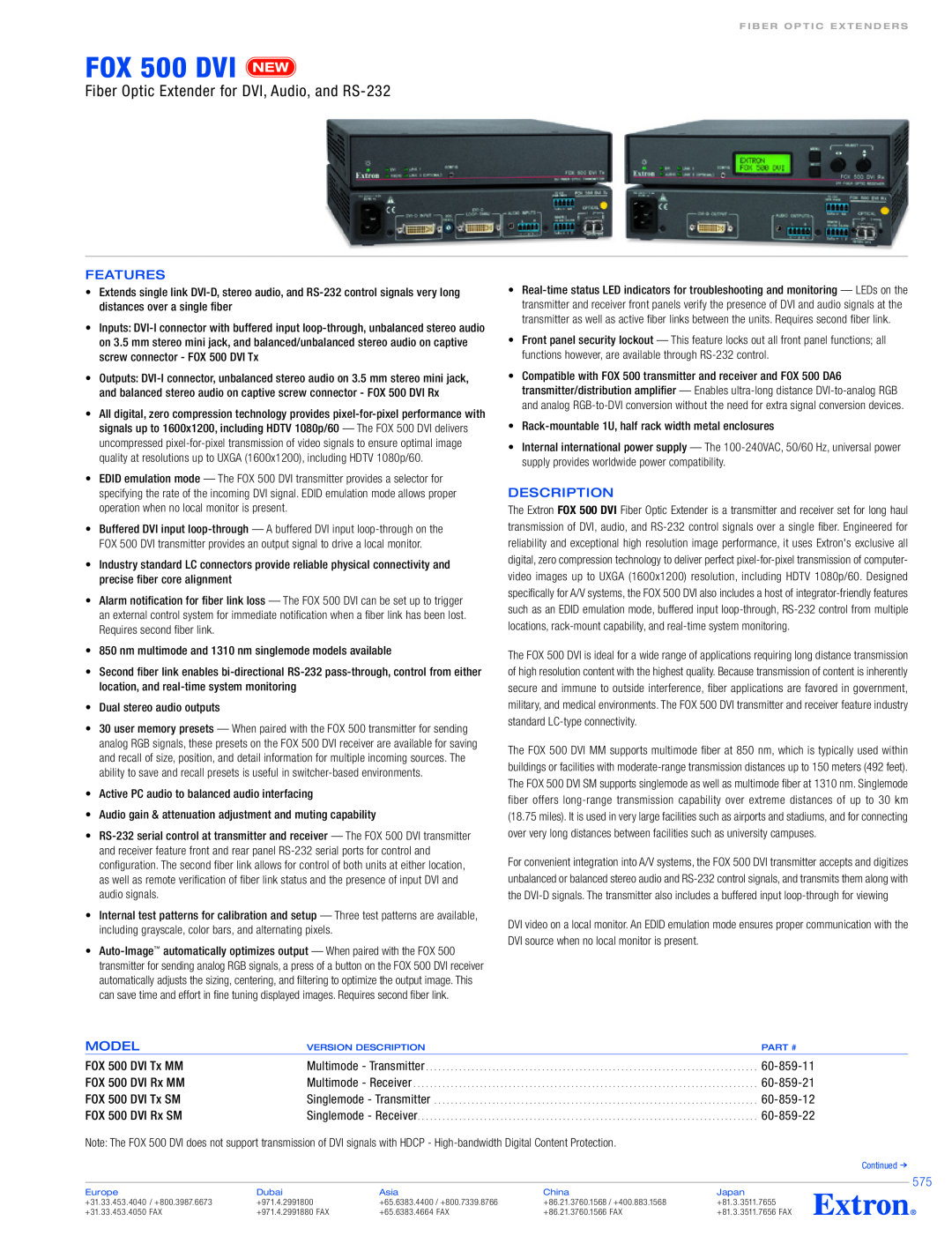 Extron electronic FOX 500 DVI specifications Features, Description, Model, Fiber Optic Extender for DVI, Audio, and RS-232 
