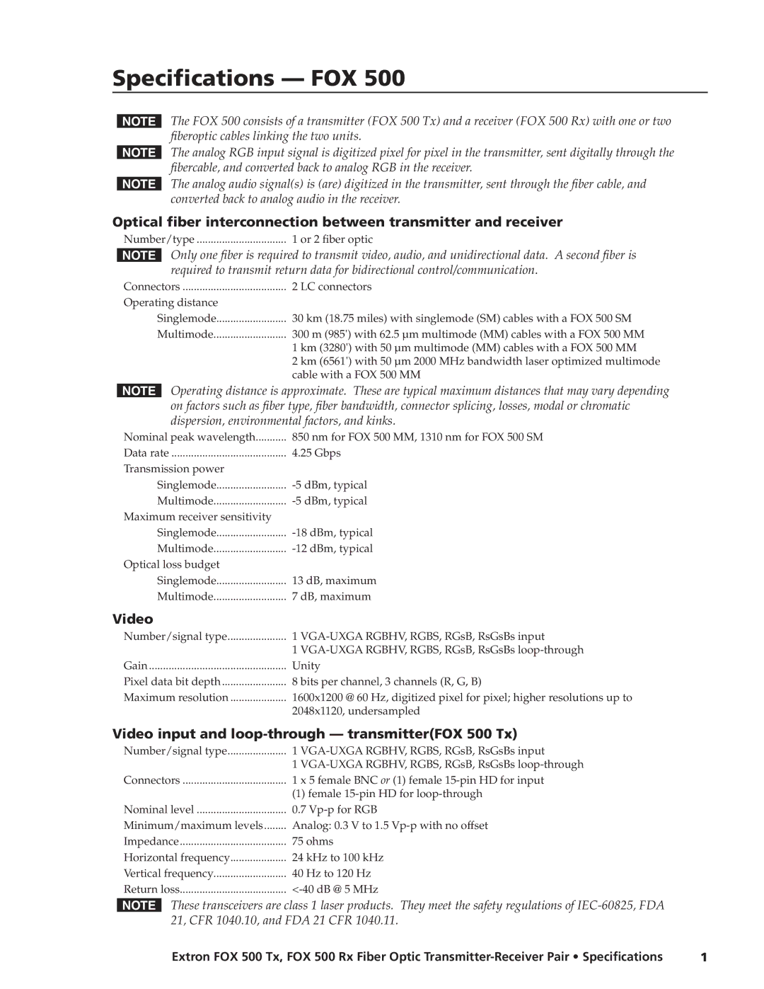 Extron electronic FOX 500 Rx specifications Video input and loop-through transmitterFOX 500 Tx 