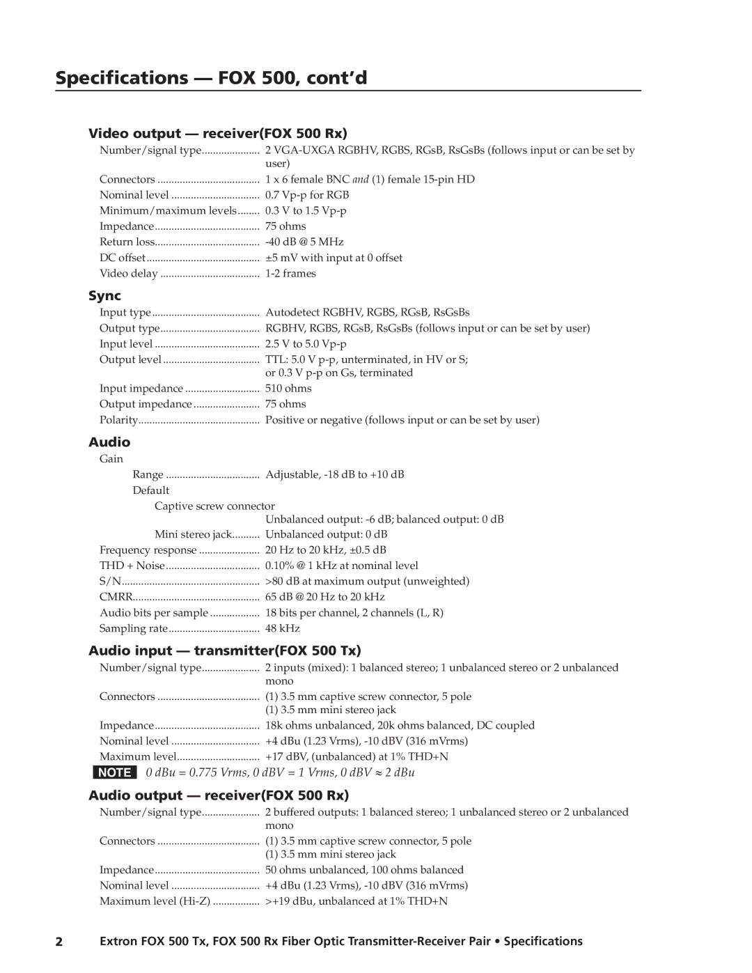 Extron electronic specifications Video output receiverFOX 500 Rx, Sync, Audio input transmitterFOX 500 Tx 