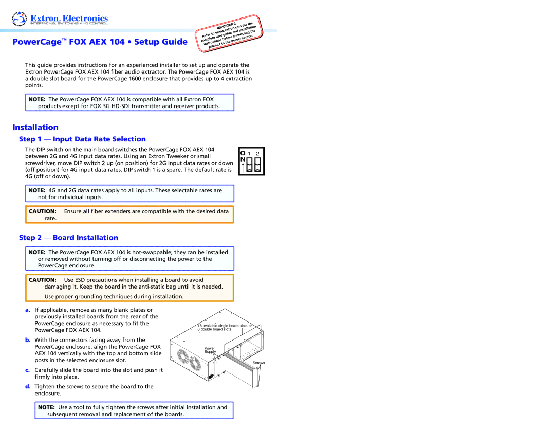 Extron electronic setup guide PowerCage FOX AEX 104 Setup Guide, Installation, Input Data Rate Selection 