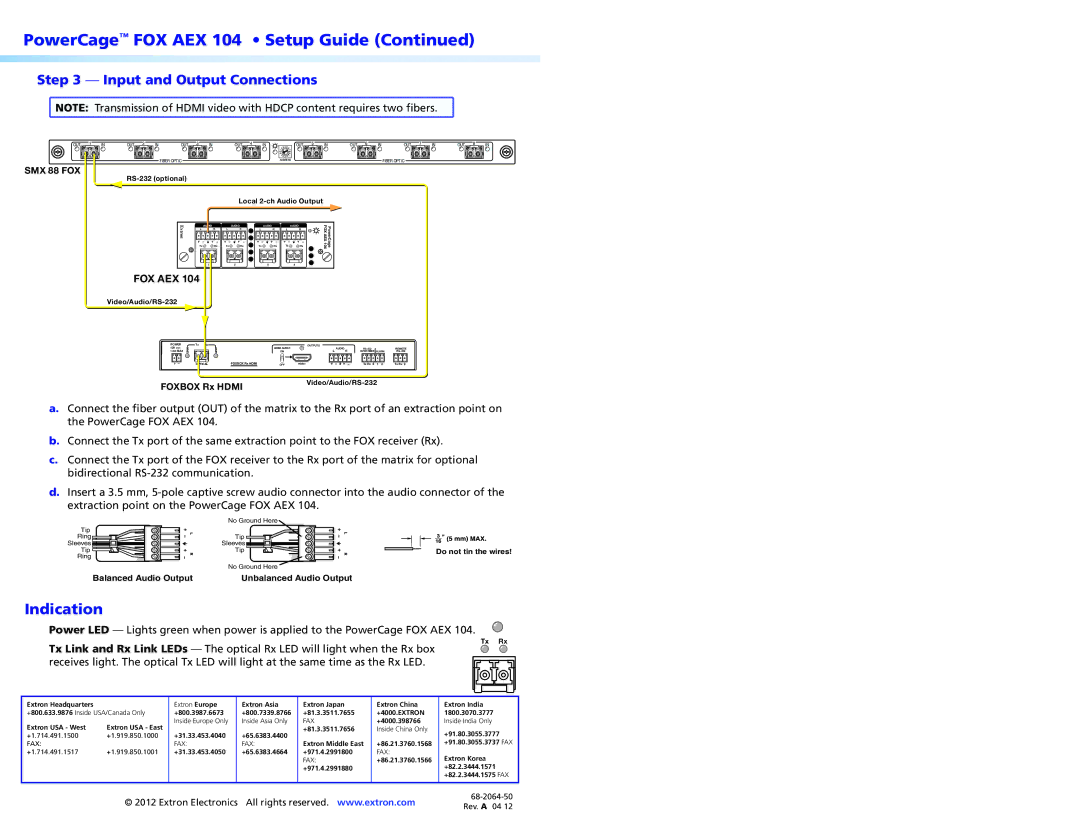 Extron electronic FOX AEX 104 setup guide Indication, Input and Output Connections, Fox Aex 