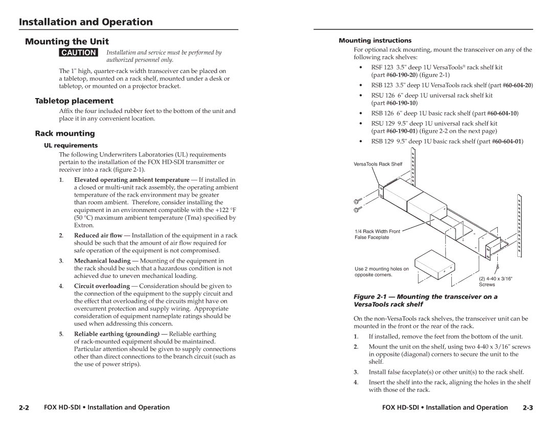 Extron electronic FOX HD-SDI user manual Installation and Operation, Mounting the Unit, Tabletop placement, Rack mounting 