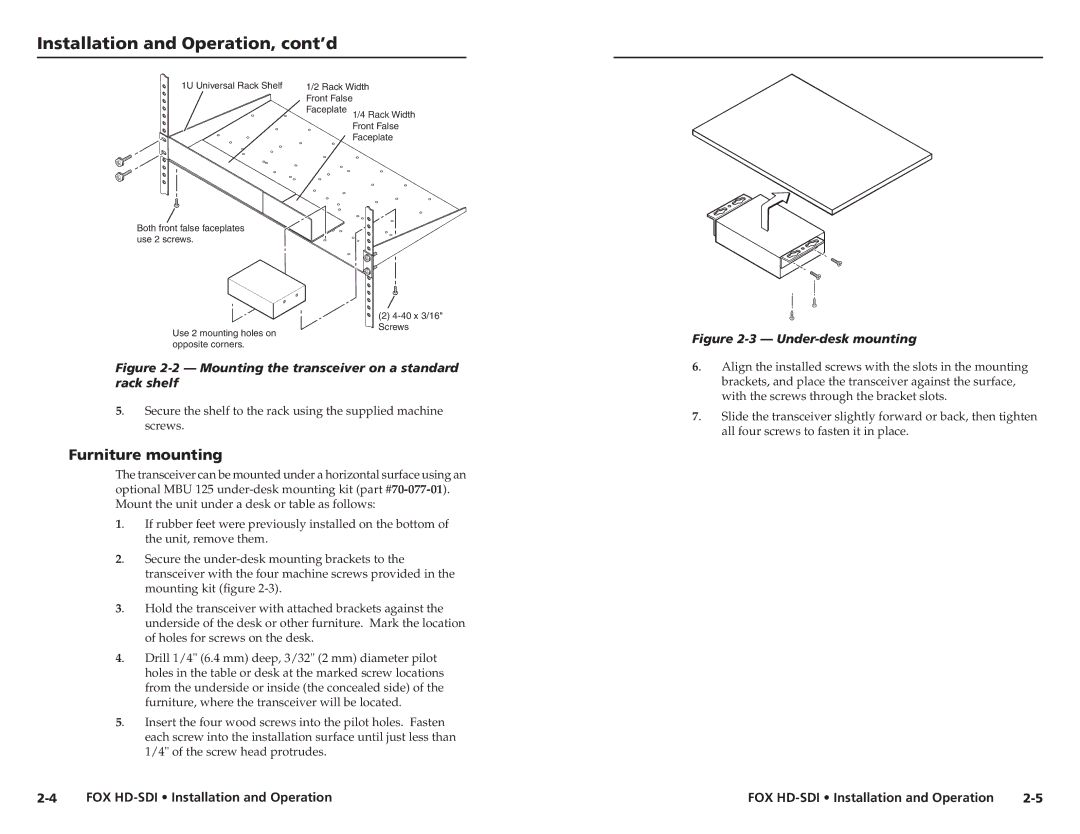 Extron electronic FOX HD-SDI user manual Installation and Operation, cont’d, Furniture mounting 