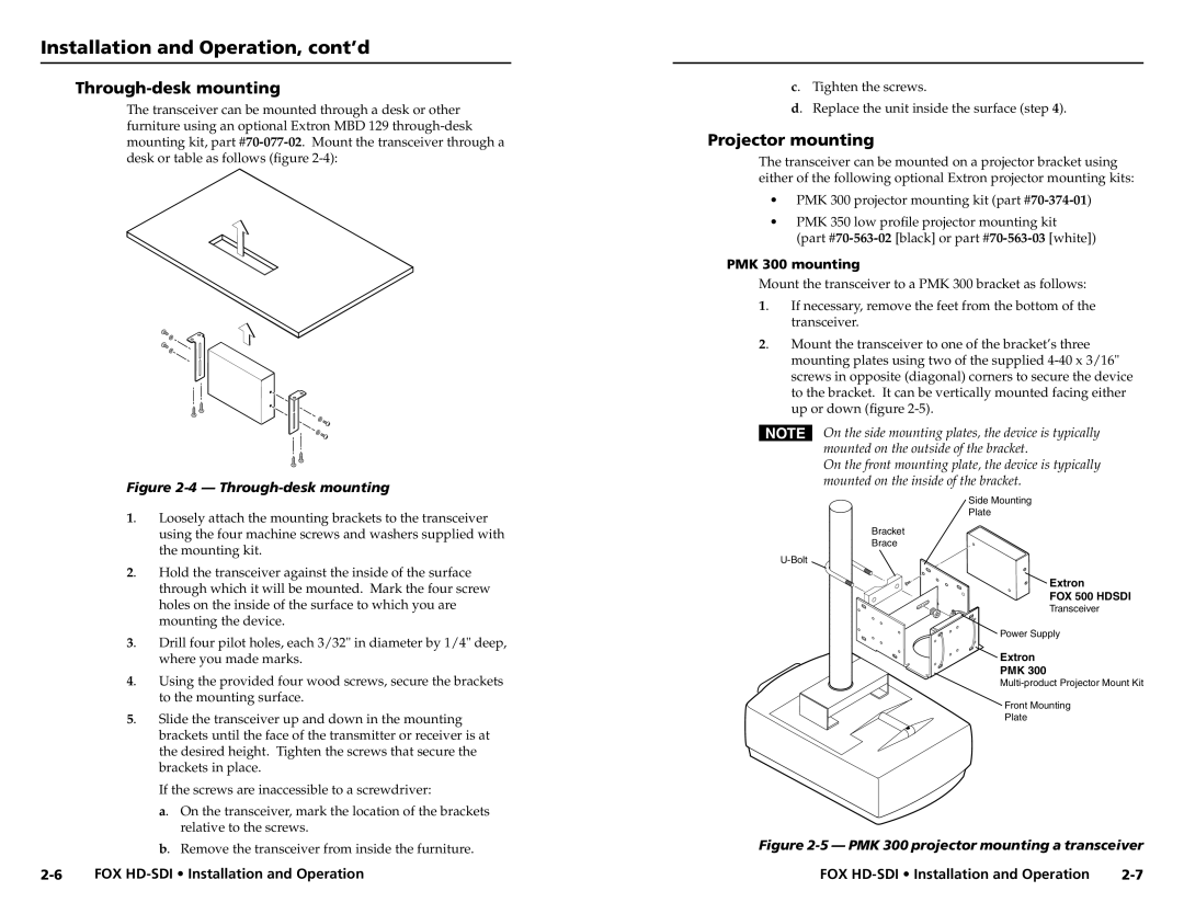 Extron electronic FOX HD-SDI user manual Through-desk mounting, Projector mounting, PMK 300 mounting 