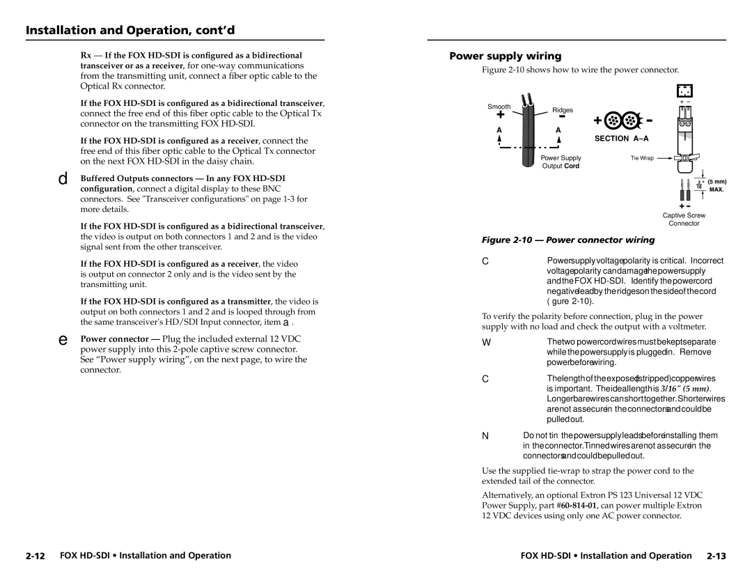 Extron electronic user manual Power supply wiring, On the next FOX HD-SDI in the daisy chain 