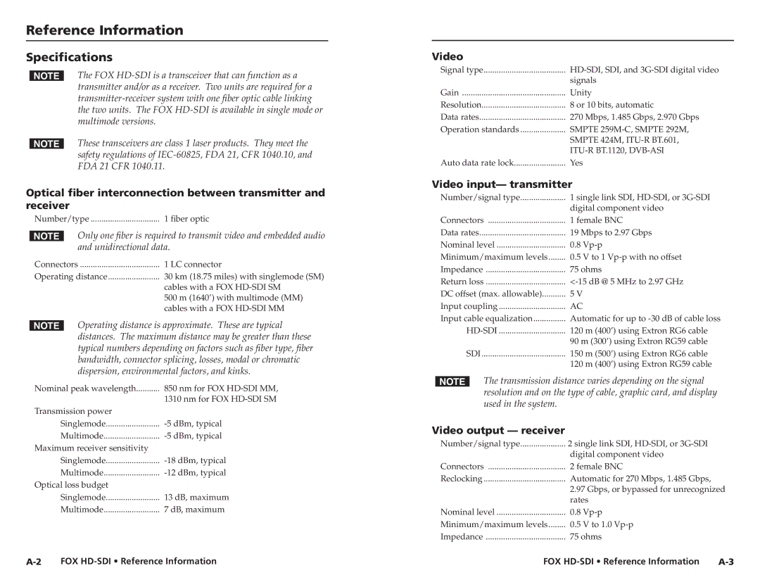 Extron electronic FOX HD-SDI Reference Information, Specifications, Video input- transmitter, Video output receiver 