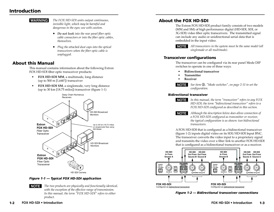 Extron electronic user manual Introduction, About this Manual, About the FOX HD-SDI, Transceiver configurations 