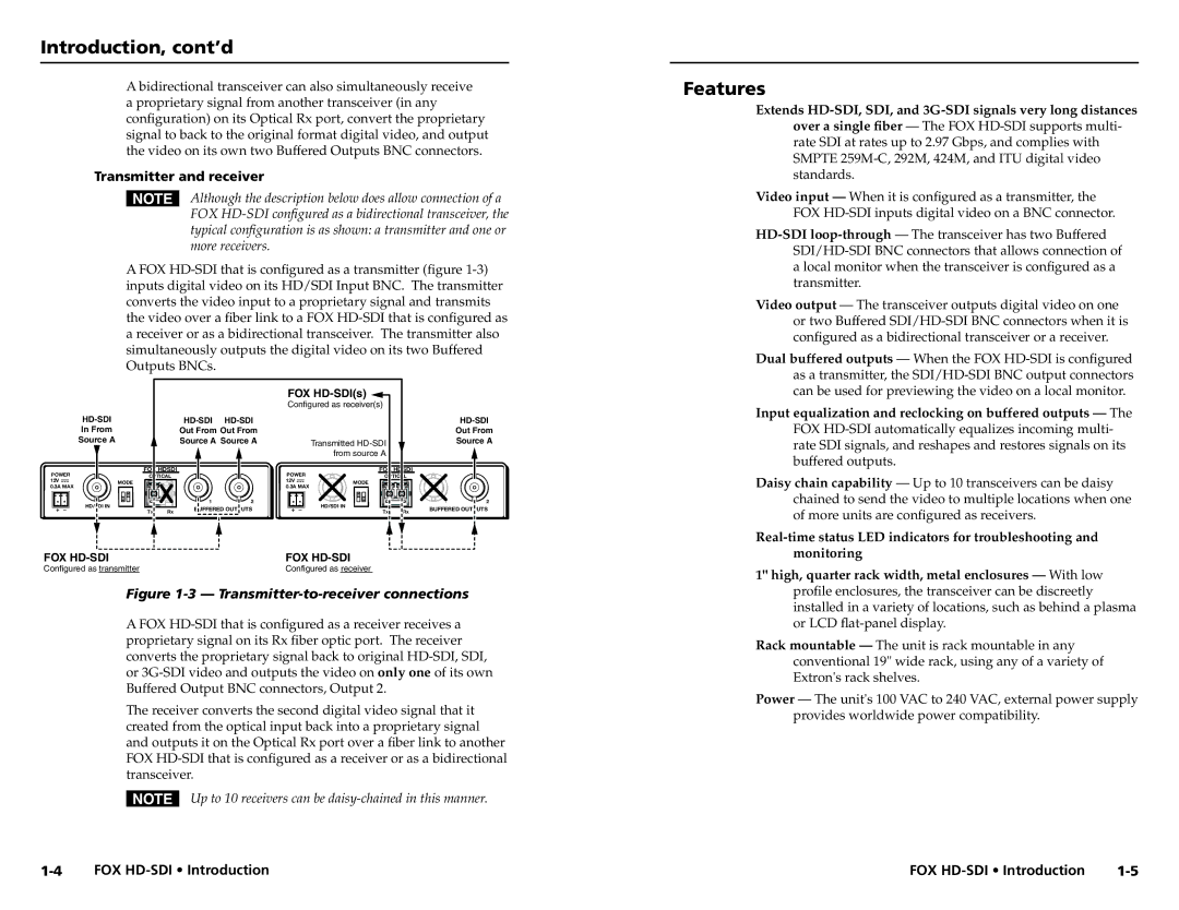 Extron electronic FOX HD-SDI user manual Introduction, cont’d, Features, Transmitter and receiver 