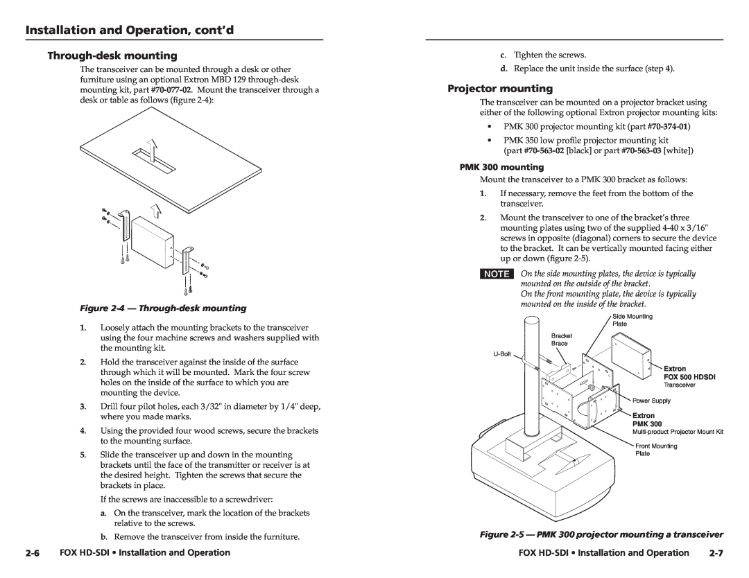 Extron electronic FOX HD-SDI user manual Through-deskmounting, Projector mounting, Installation and Operation, cont’d 