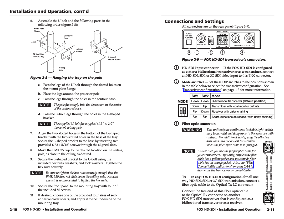 Extron electronic user manual Connections and Settings, 2-10FOX HD-SDI Installation and Operation 
