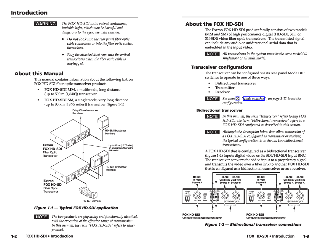 Extron electronic user manual Introduction, About this Manual, About the FOX HD-SDI, Transceiver configurations 