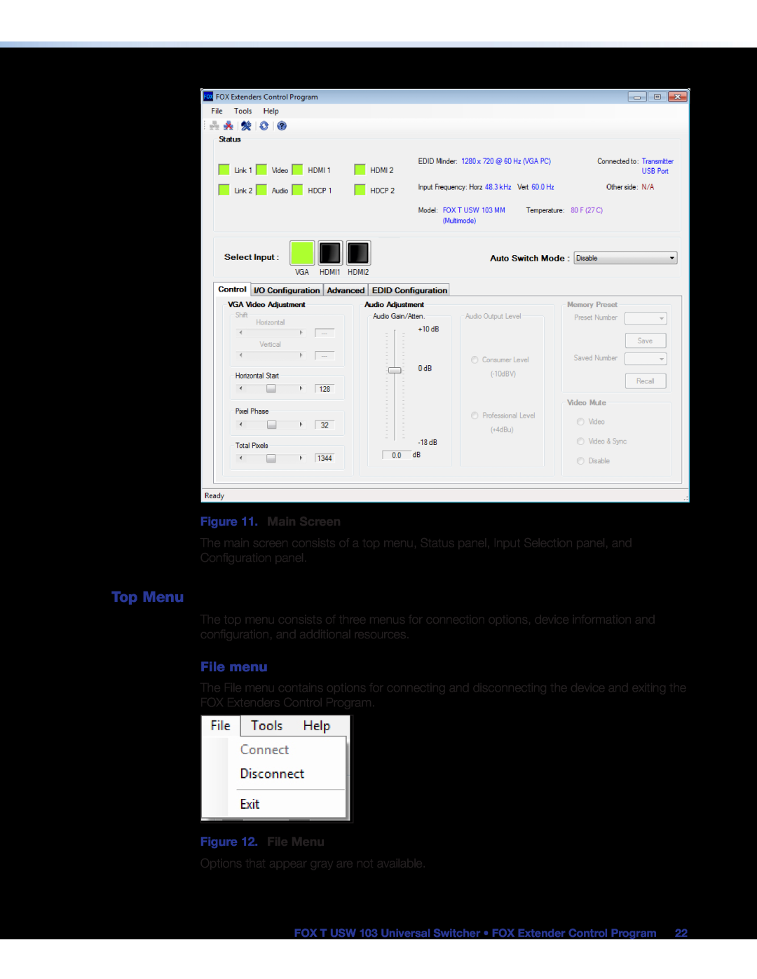 Extron electronic FOX T USW 103 manual Top Menu, File menu, Main Screen, File Menu 
