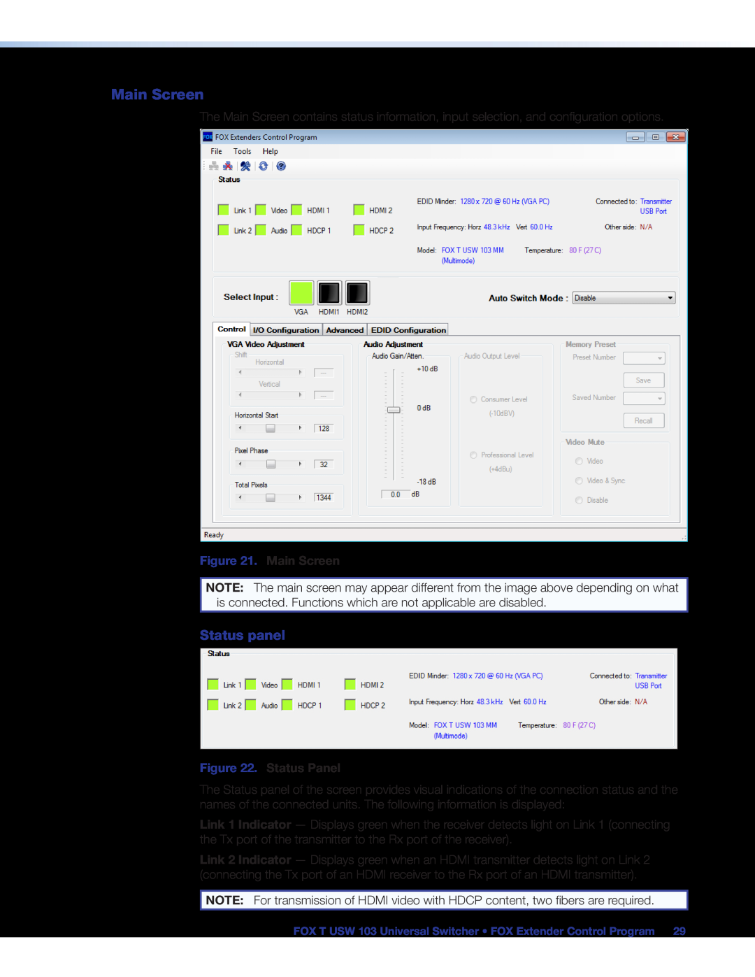 Extron electronic FOX T USW 103 manual Main Screen, Status panel, Status Panel 