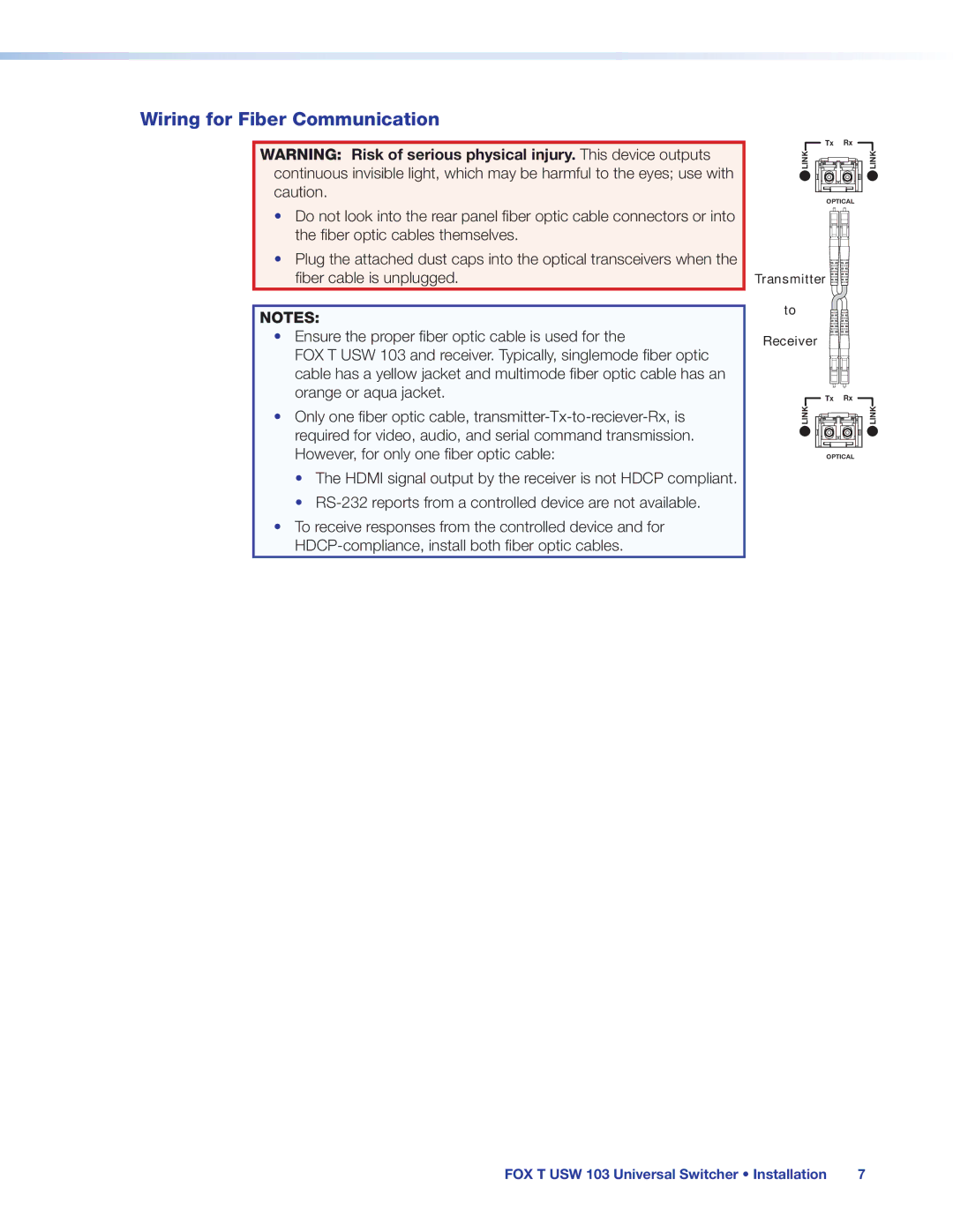 Extron electronic FOX T USW 103 manual Wiring for Fiber Communication 