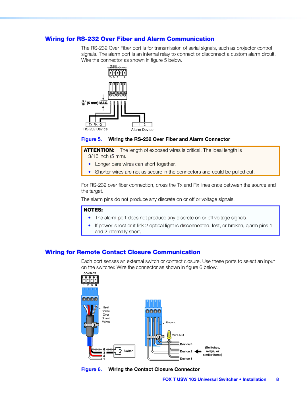 Extron electronic FOX T USW 103 manual Wiring for RS-232 Over Fiber and Alarm Communication 