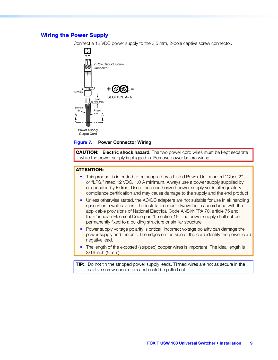 Extron electronic FOX T USW 103 manual Wiring the Power Supply, Power Connector Wiring 