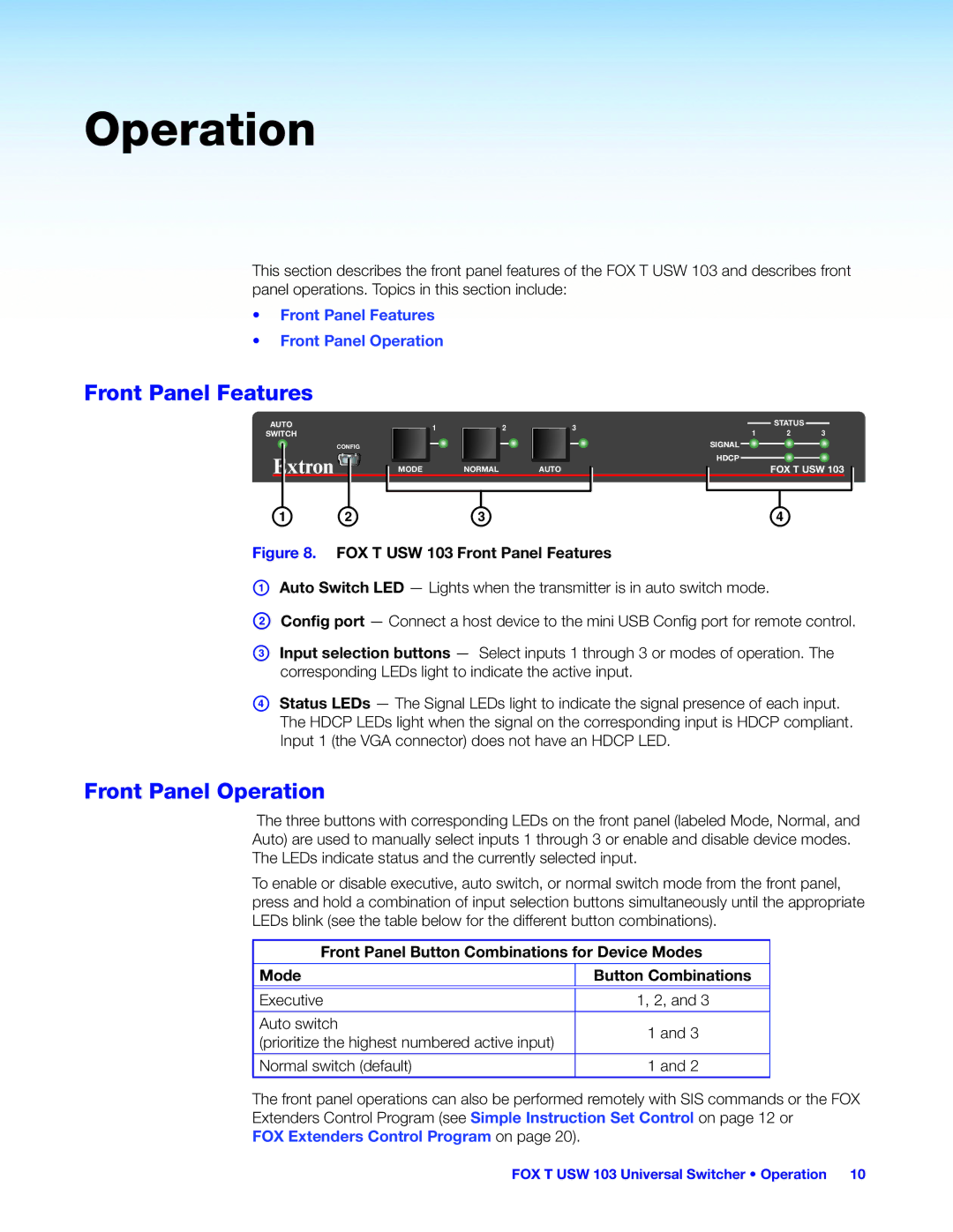 Extron electronic FOX T USW 103 manual Front Panel Features, Front Panel Operation 