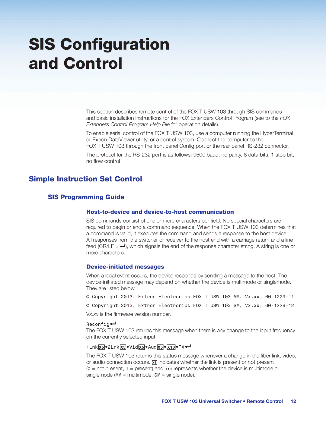 Extron electronic FOX T USW 103 manual SIS Configuration Control, Simple Instruction Set Control, SIS Programming Guide 