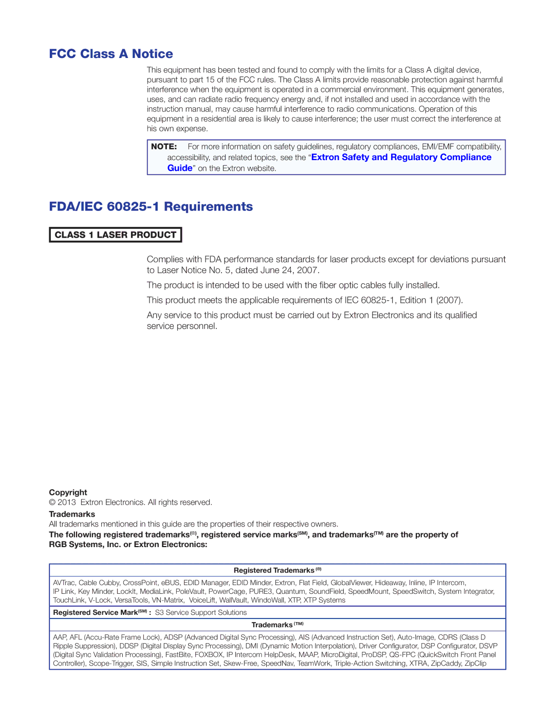 Extron electronic FOX T USW 103 manual FCC Class a Notice FDA/IEC 60825-1 Requirements, Class 1 Laser Product 